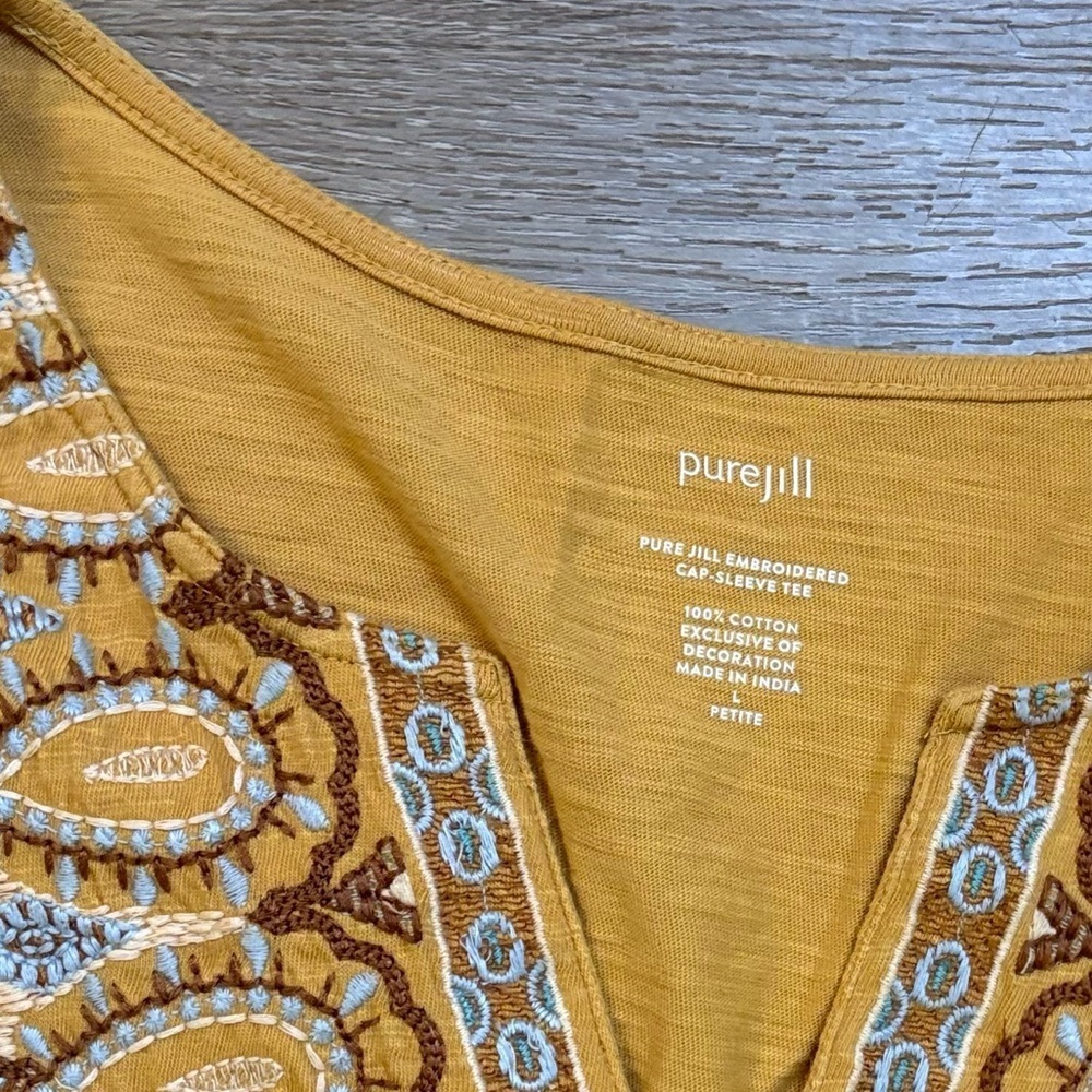 Pure Jill J. Jill Mustard Yellow Embroidered Top Western Boho Indie Sz L Petite - Picture 2 of 6